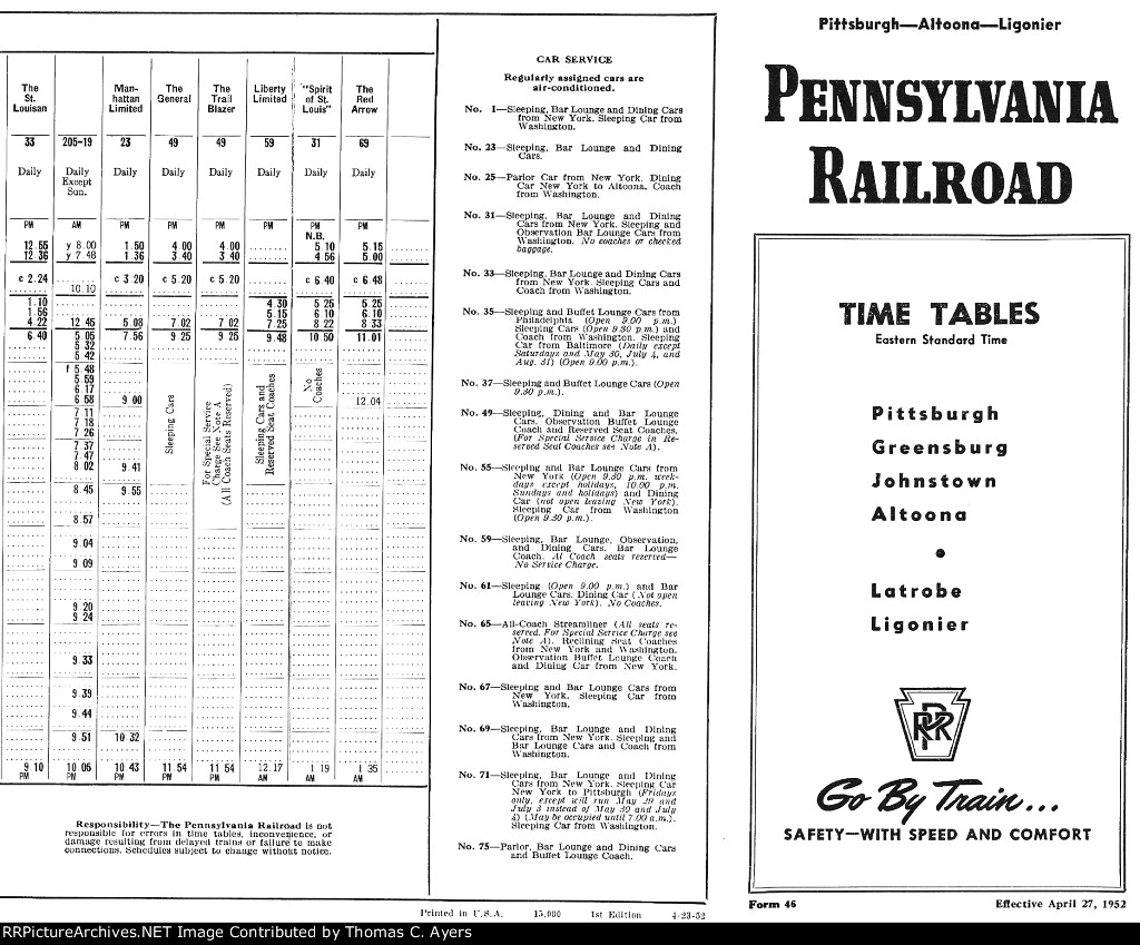 PRR Time Tables: Pittsburgh Division, Side A, Frame #2 of 2, 1952